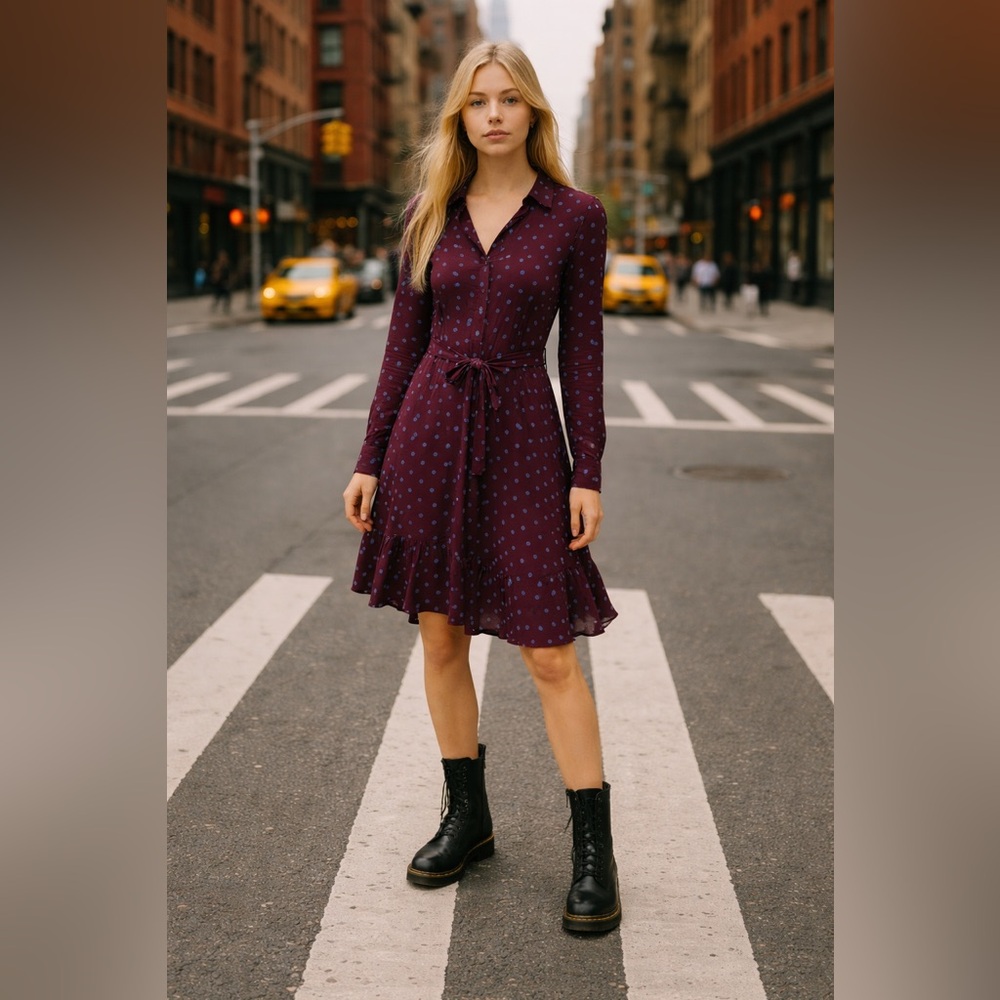 Banana Republic Burgandy Long Sleeve Polka Dot Print Dress – Size 2